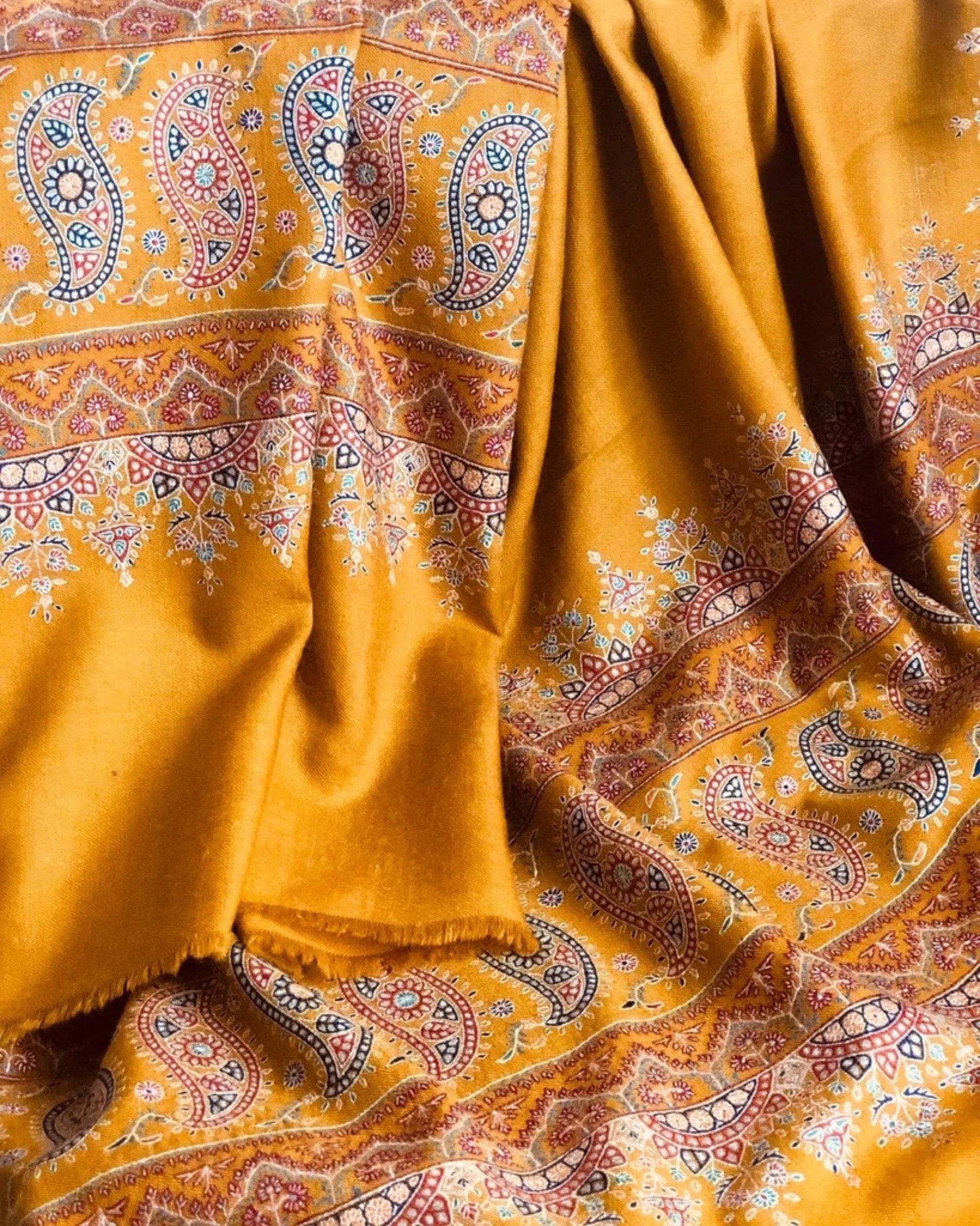 Mustard Paisley Design Embroidery Pashmina Shawl - the Atelier H