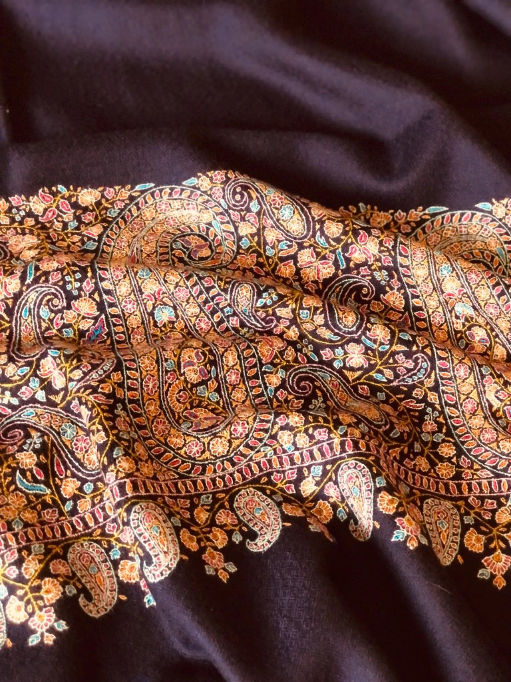 Extra Fine Navy Paisley Design Embroidery Pashmina Shawl - the Atelier H