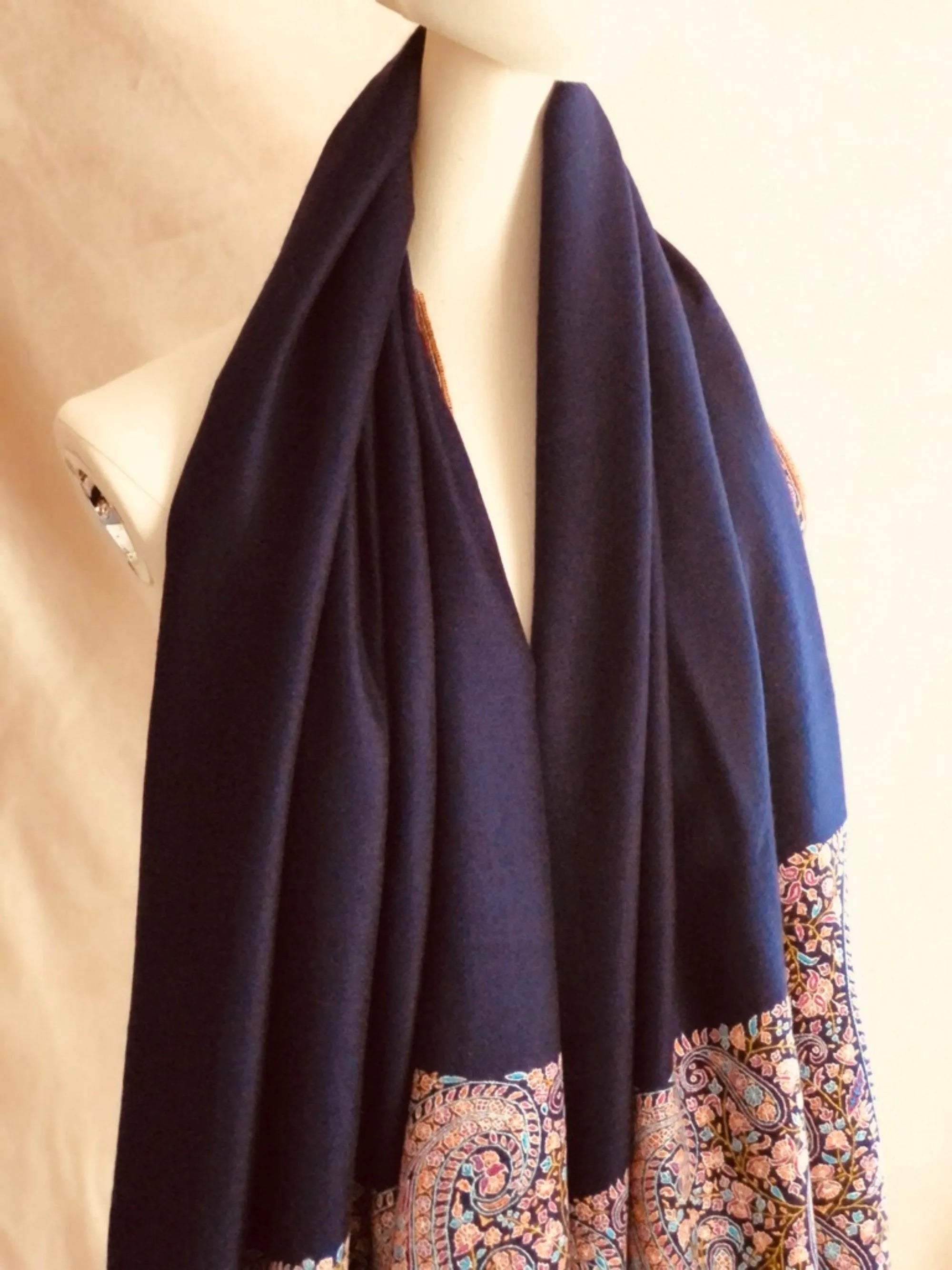 Extra Fine Navy Paisley Design Embroidery Pashmina Shawl - the Atelier H