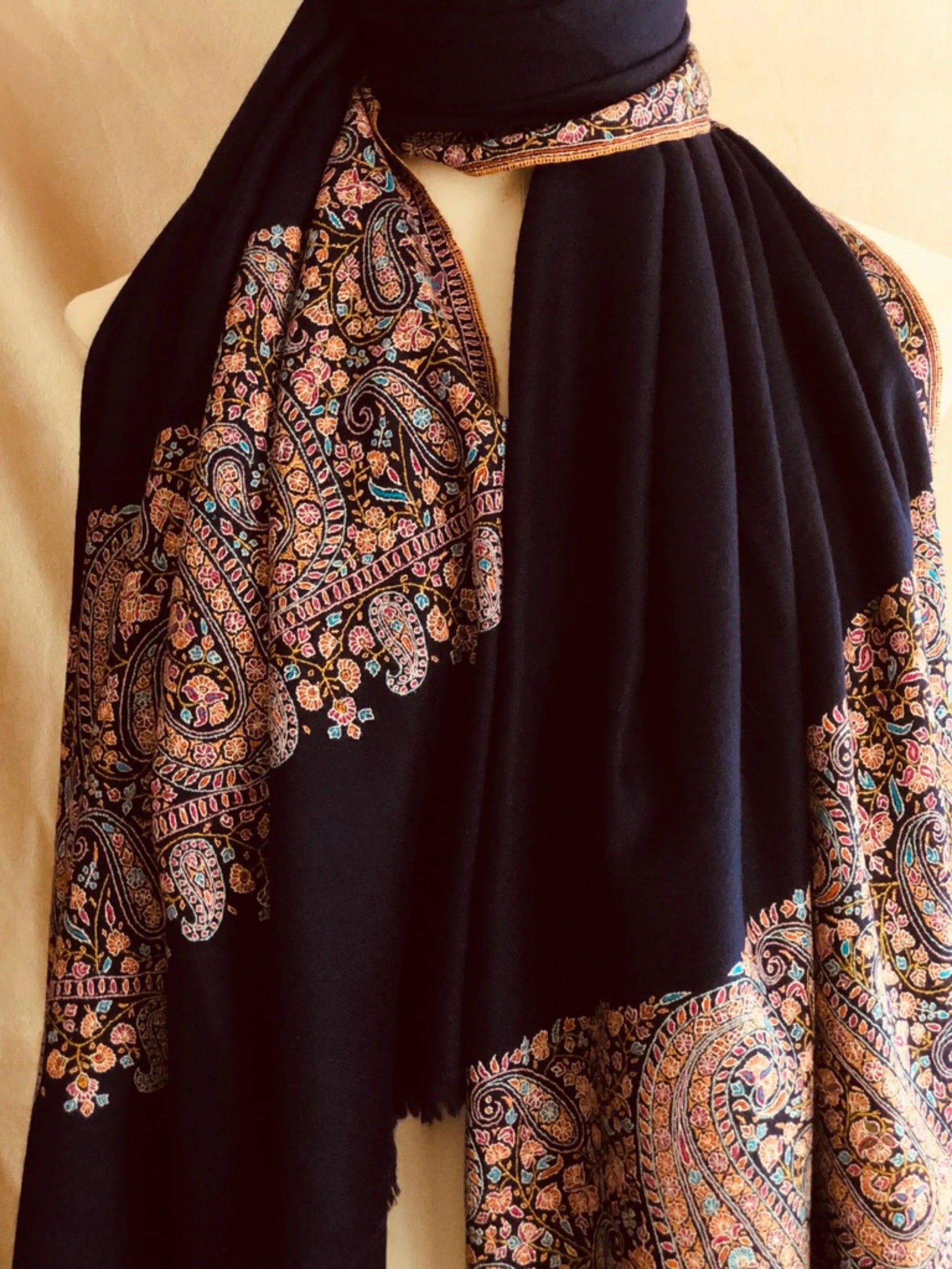 Extra Fine Navy Paisley Design Embroidery Pashmina Shawl - the Atelier H