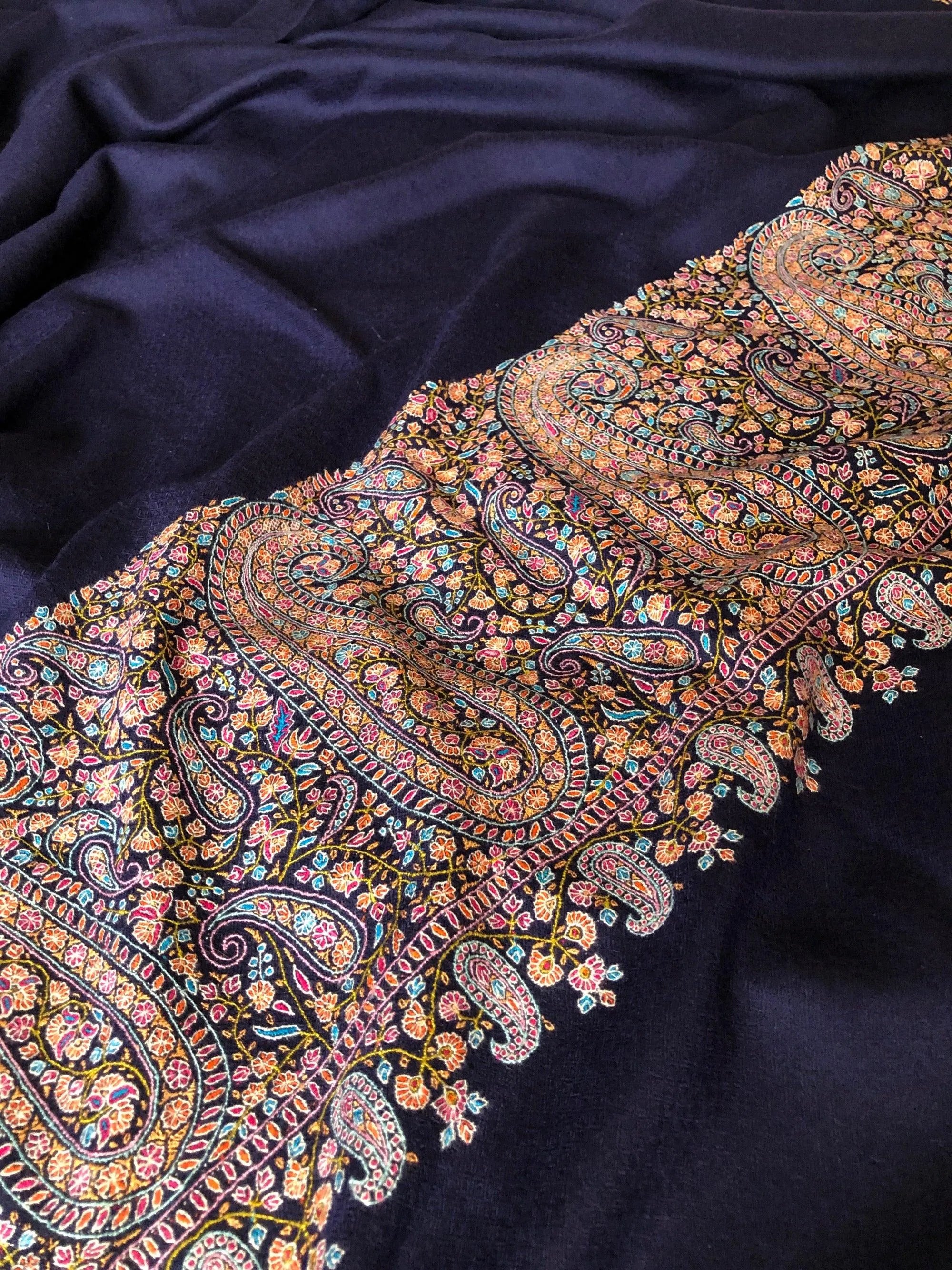 Extra Fine Navy Paisley Design Embroidery Pashmina Shawl - the Atelier H