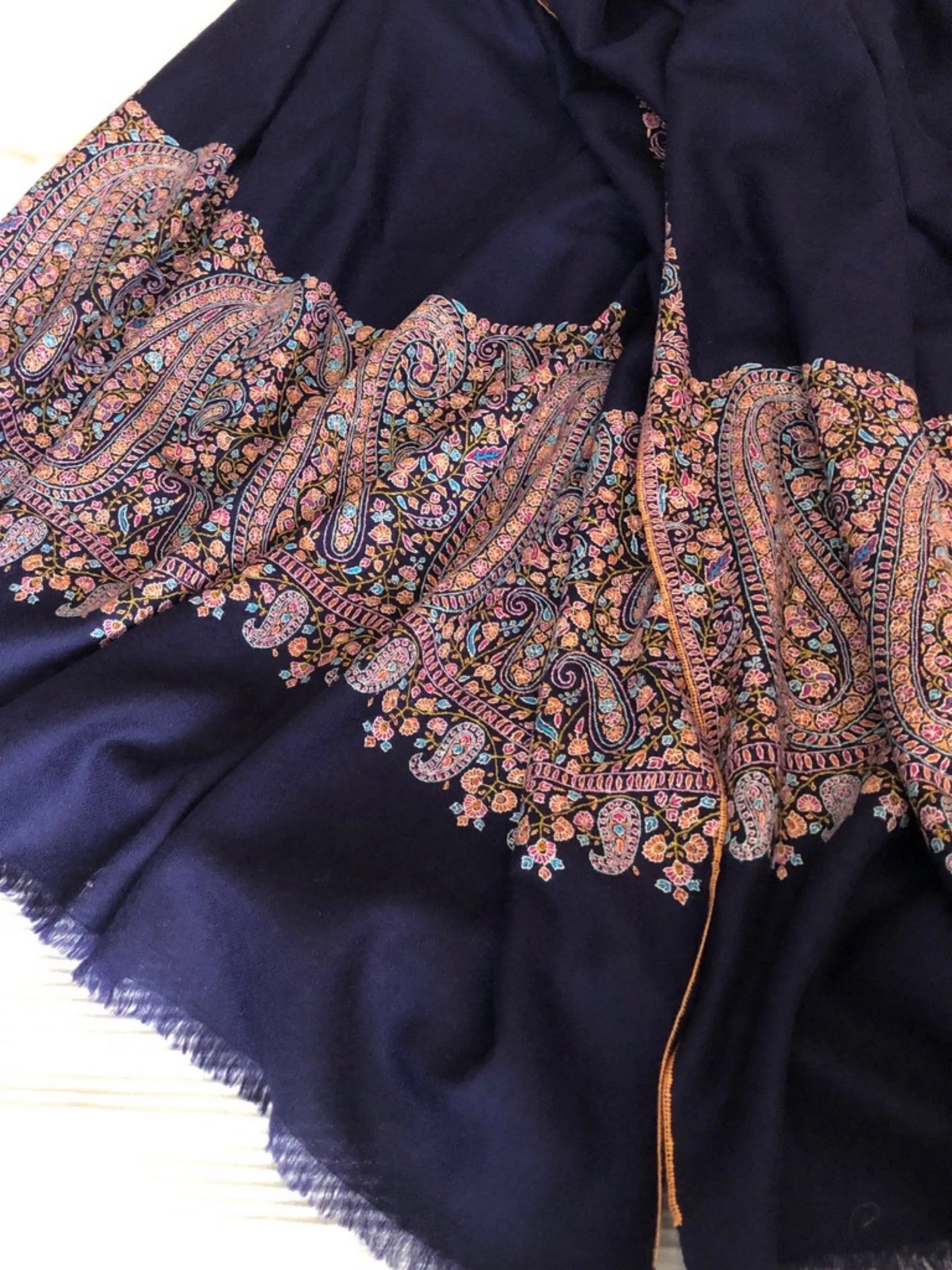 Extra Fine Navy Paisley Design Embroidery Pashmina Shawl - the Atelier H