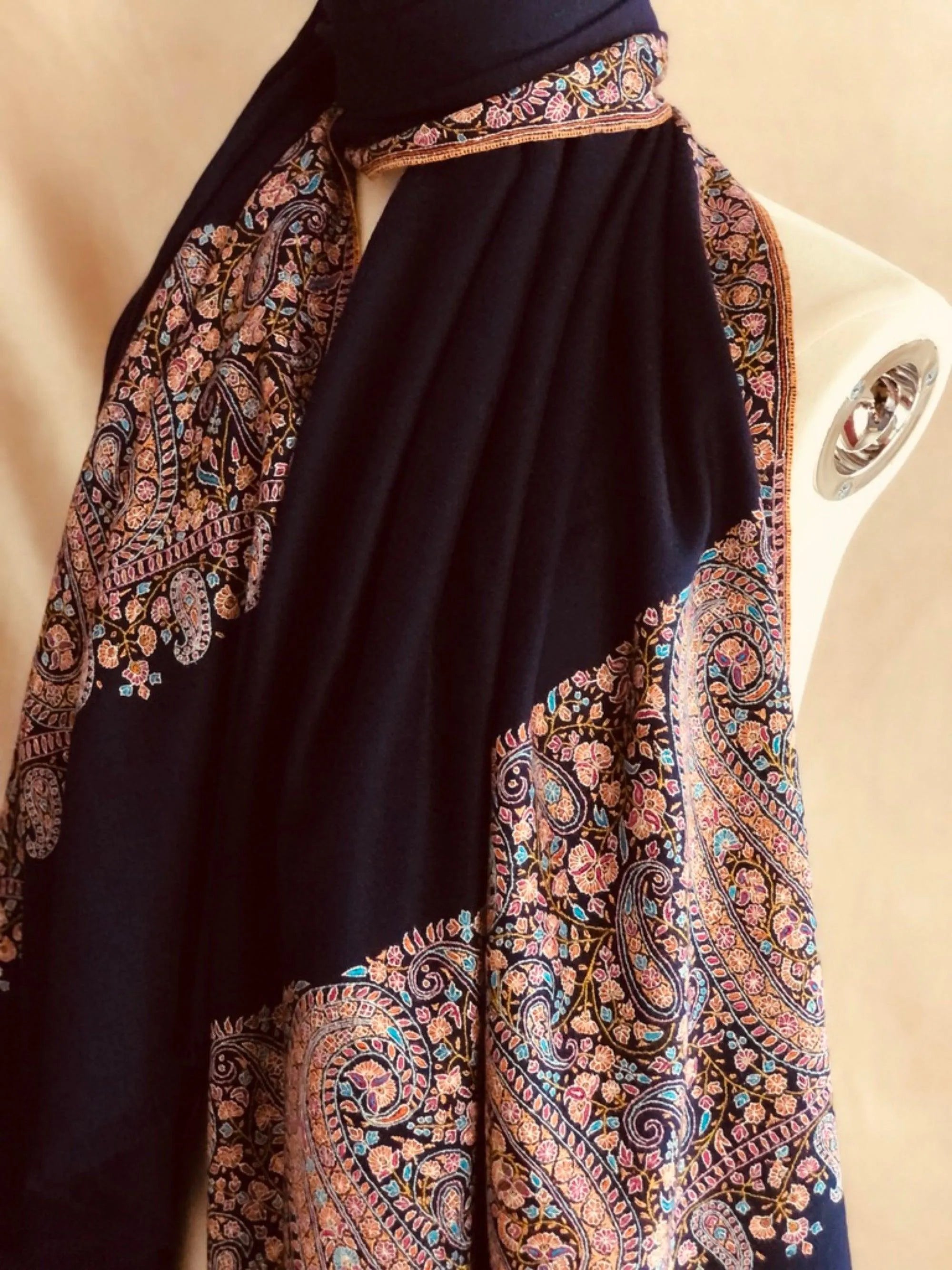 Extra Fine Navy Paisley Design Embroidery Pashmina Shawl - the Atelier H