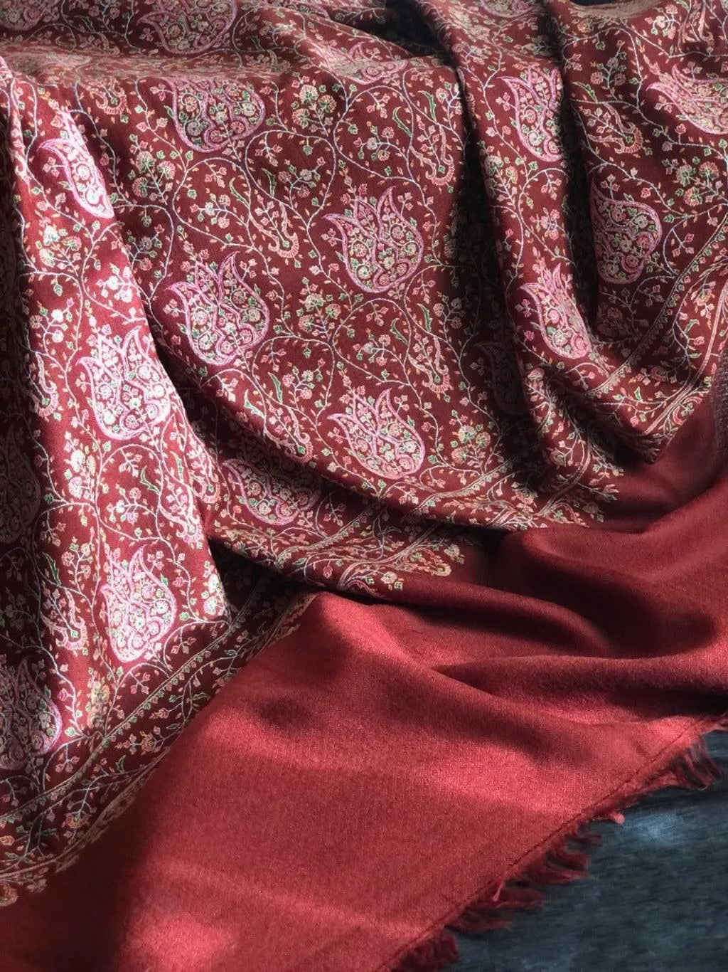 Maroon Lotus Design Silk Embroidery Pashmina Shawl - the Atelier H