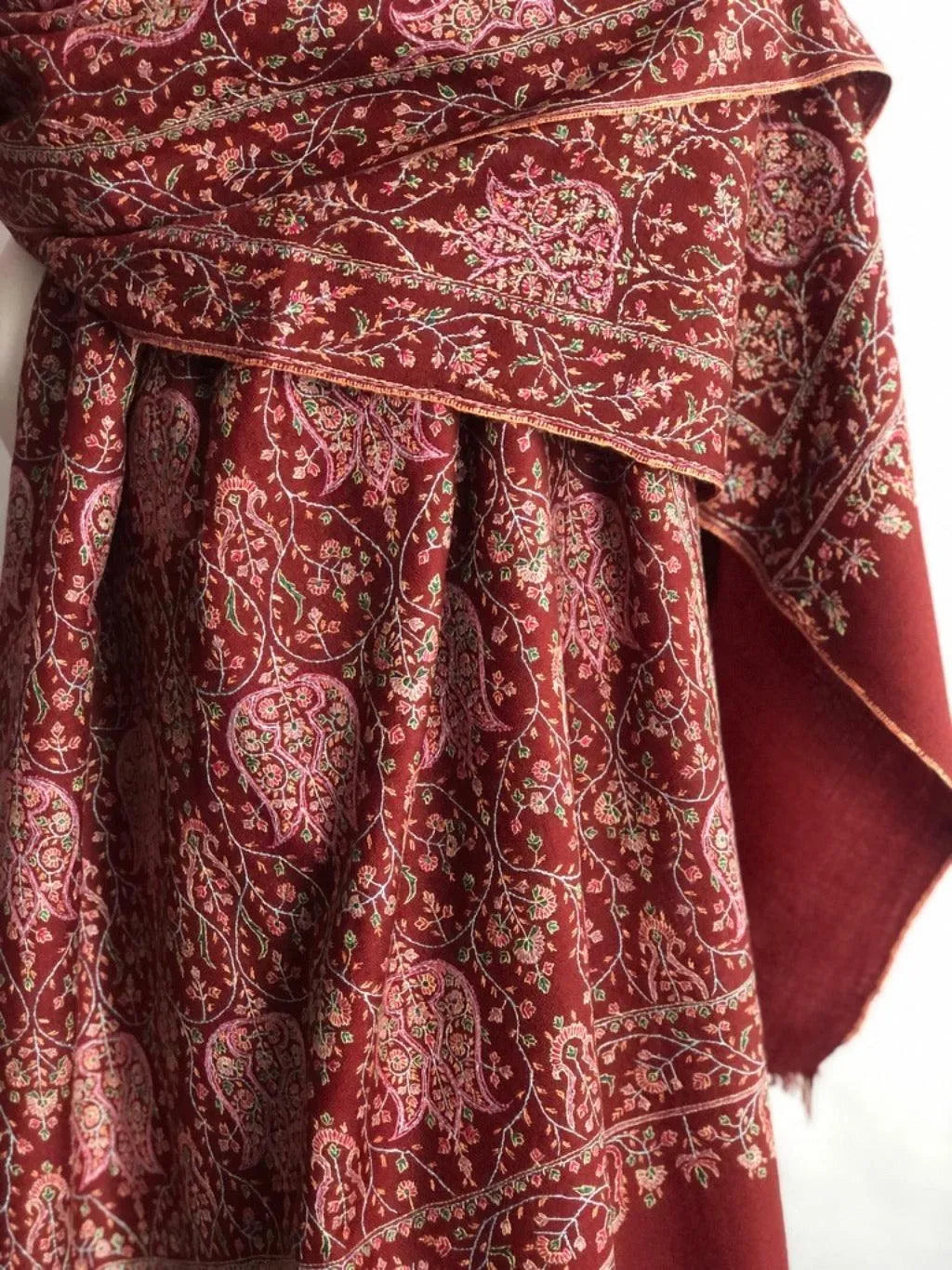 Maroon Lotus Design Silk Embroidery Pashmina Shawl - the Atelier H