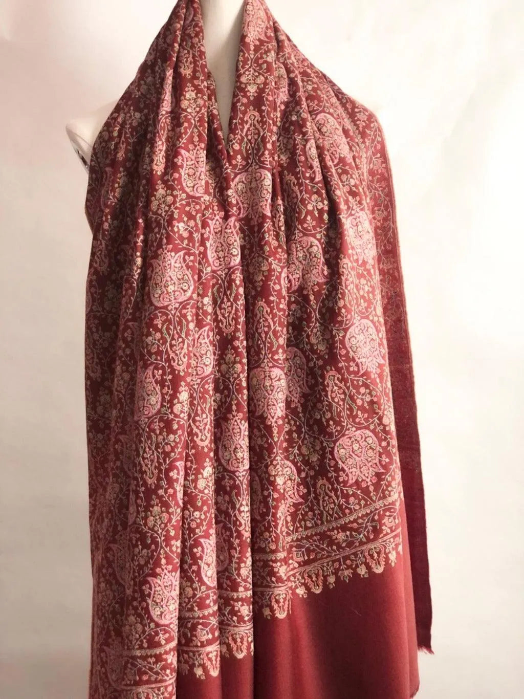 Maroon Lotus Design Silk Embroidery Pashmina Shawl - the Atelier H