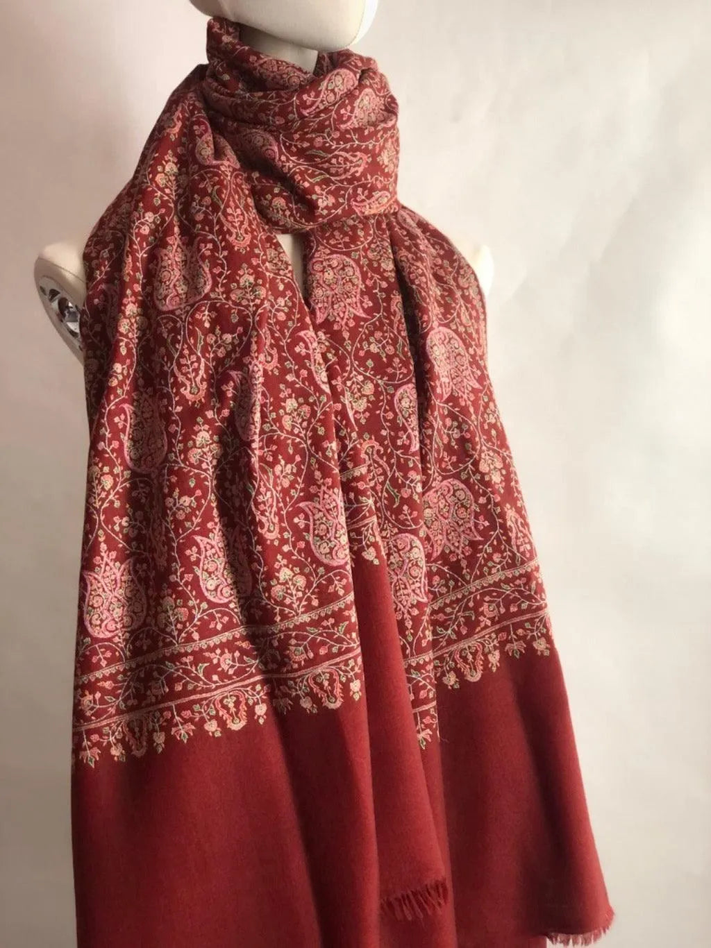 Maroon Lotus Design Silk Embroidery Pashmina Shawl - the Atelier H