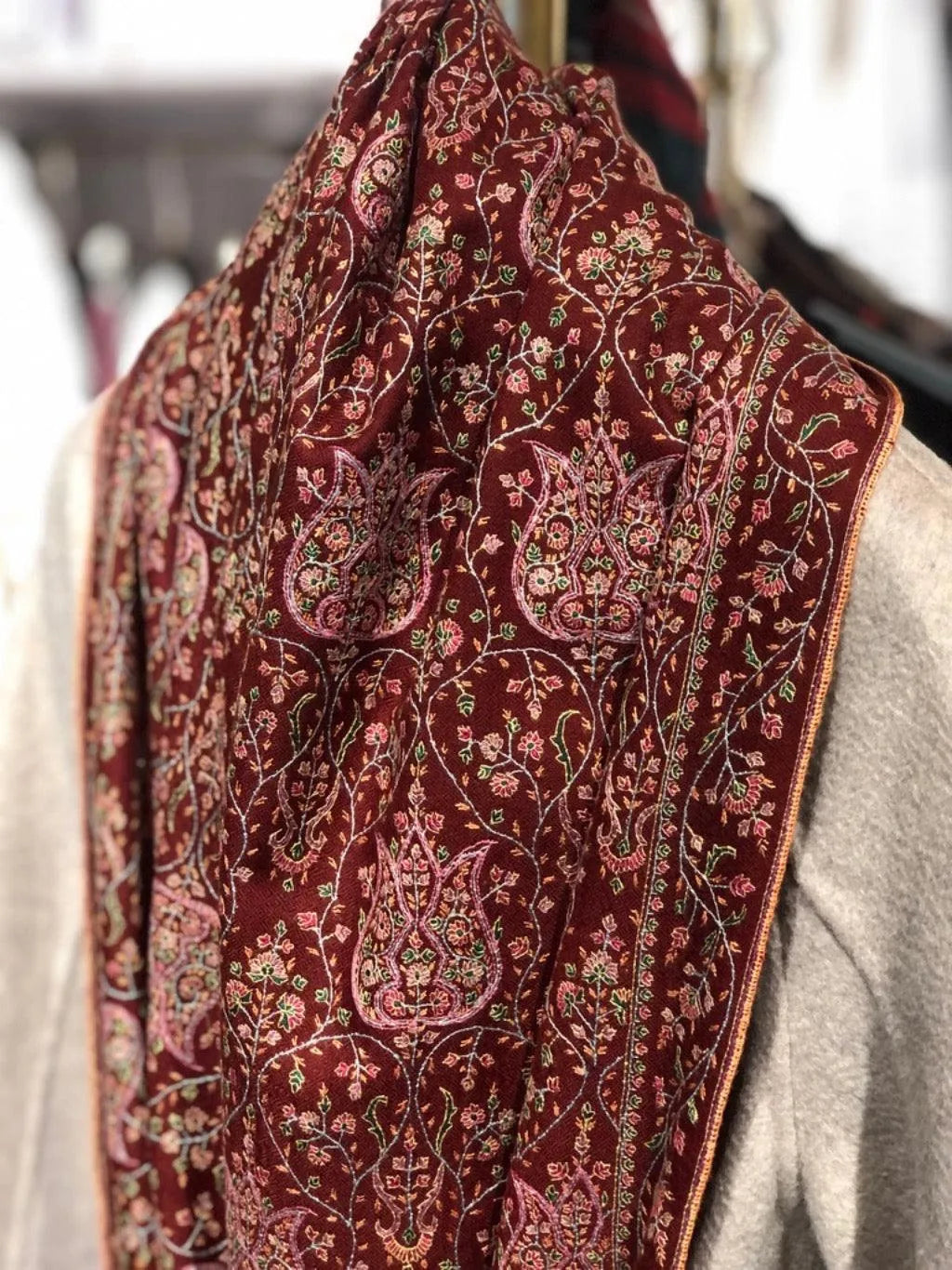 Maroon Lotus Design Silk Embroidery Pashmina Shawl - the Atelier H