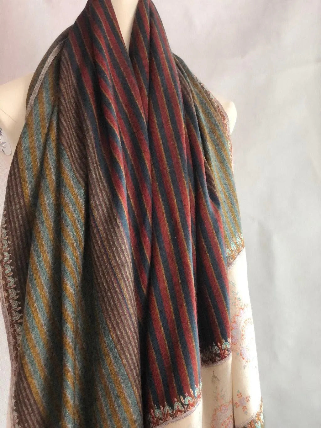 Stripes Design Palla Embroidery Pashmina Shawl - the Atelier H