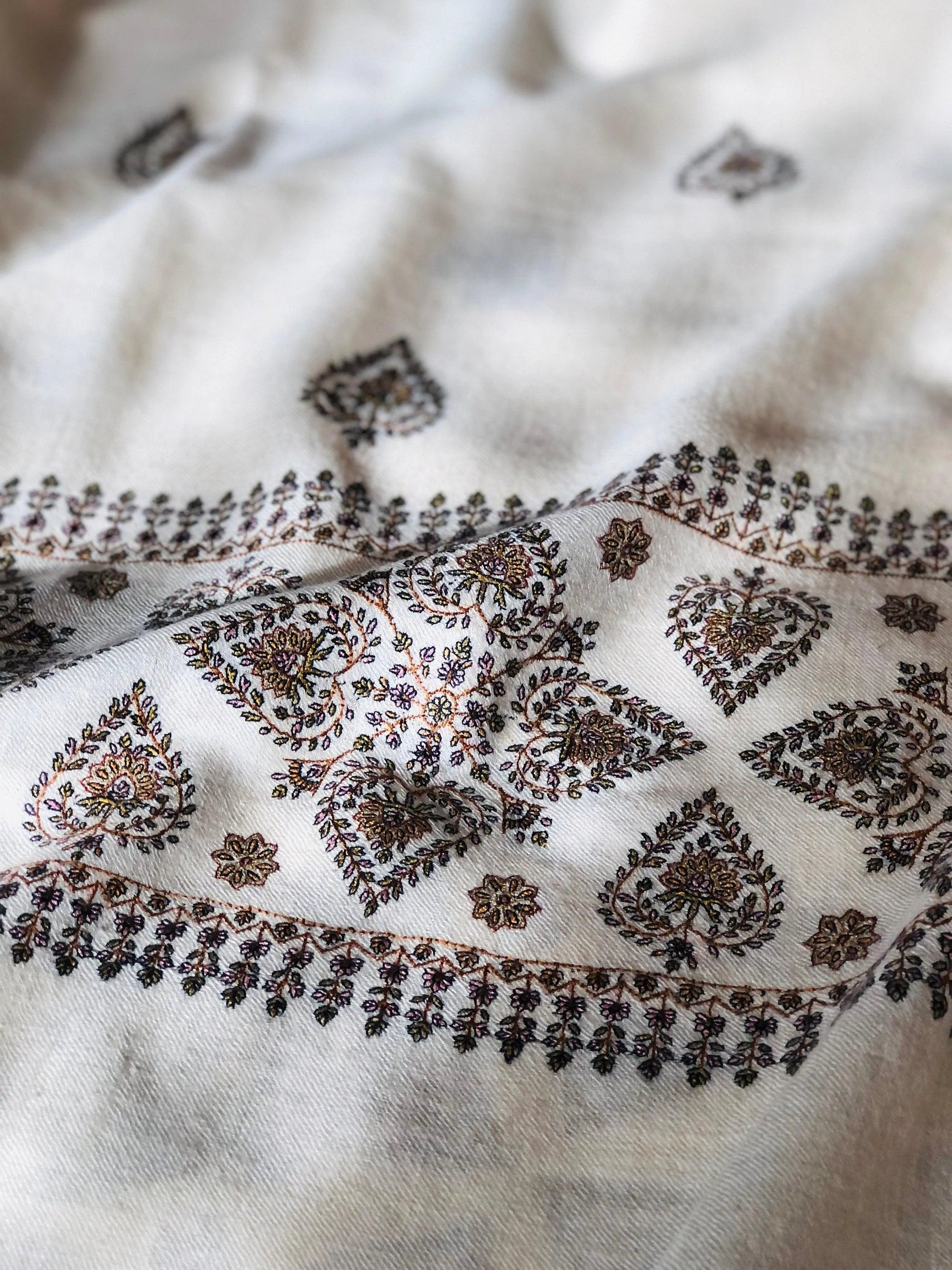 White Palla Design Silk Embroidery Pashmina Shawl - the Atelier H