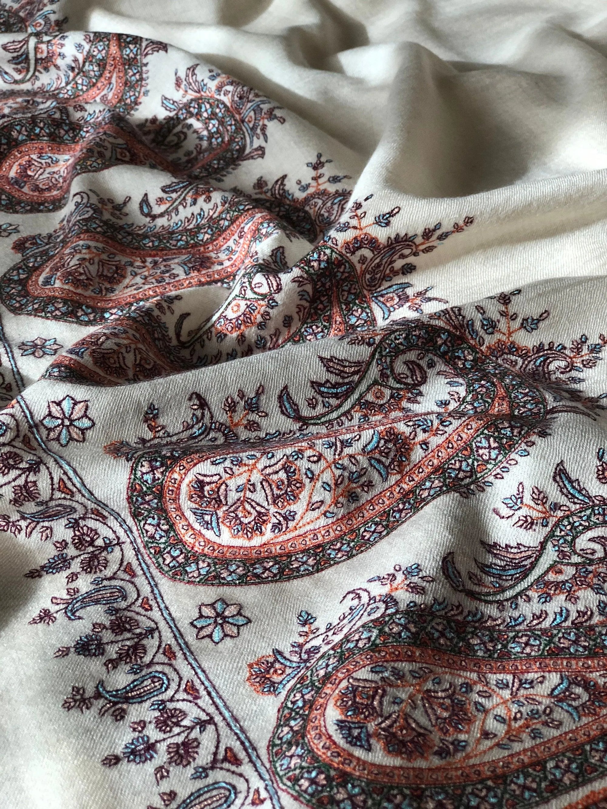 White Almond Design Palla Embroidery Pashmina Shawl - the Atelier H