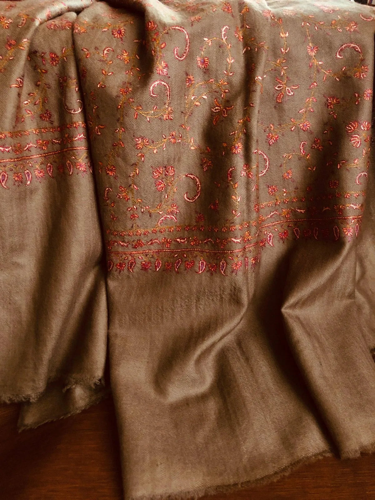 Dark Camel Silk Embroidery Pashmina Shawl - the Atelier H