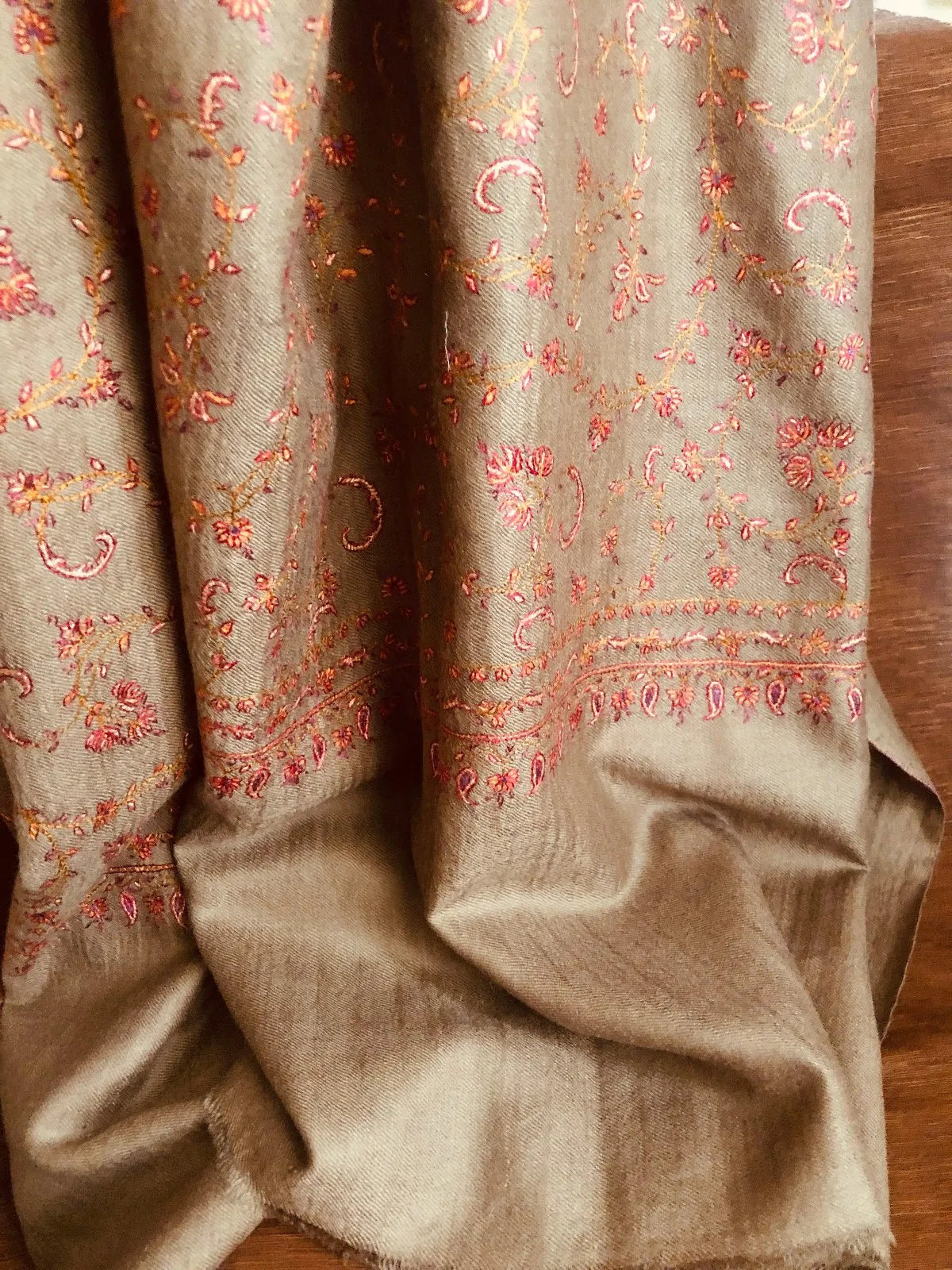 Dark Camel Silk Embroidery Pashmina Shawl - the Atelier H