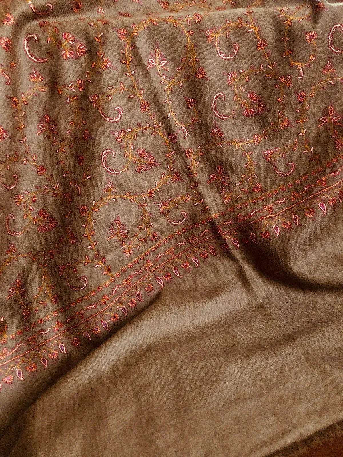 Dark Camel Silk Embroidery Pashmina Shawl - the Atelier H